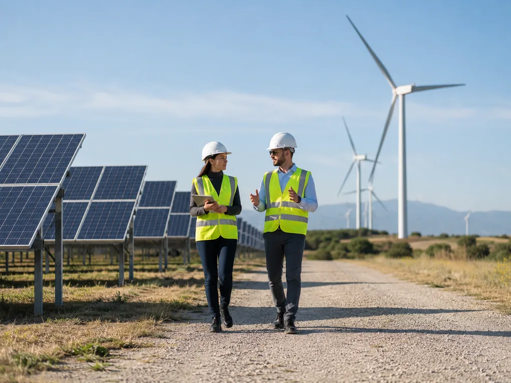 Engineers walking past solar panels and wind turbines
