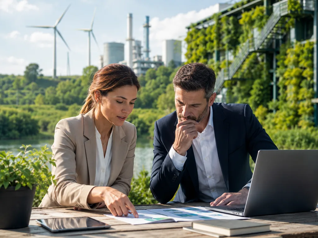 Business review in front of a green, sustainable facility
