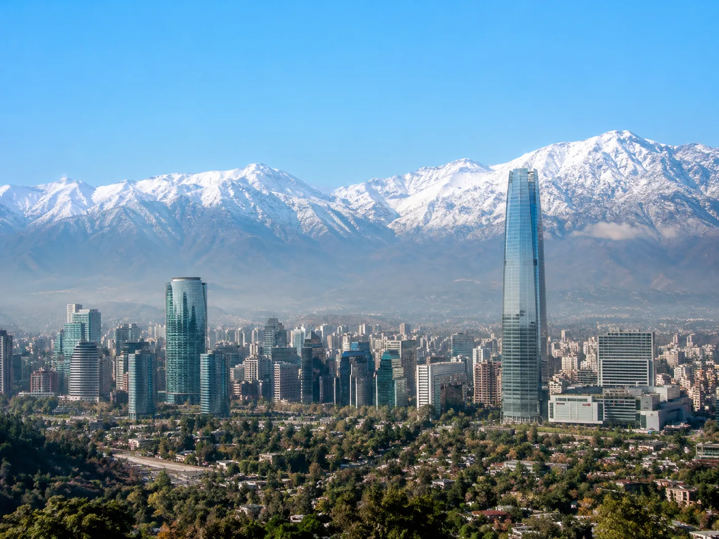 Santiago skyline with the snow-capped Andes, Chile