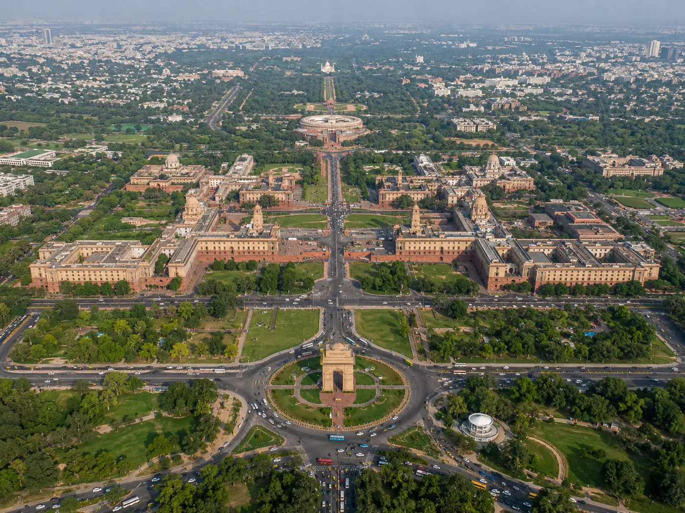 Aerial view of New Delhi: India Gate and the central government district