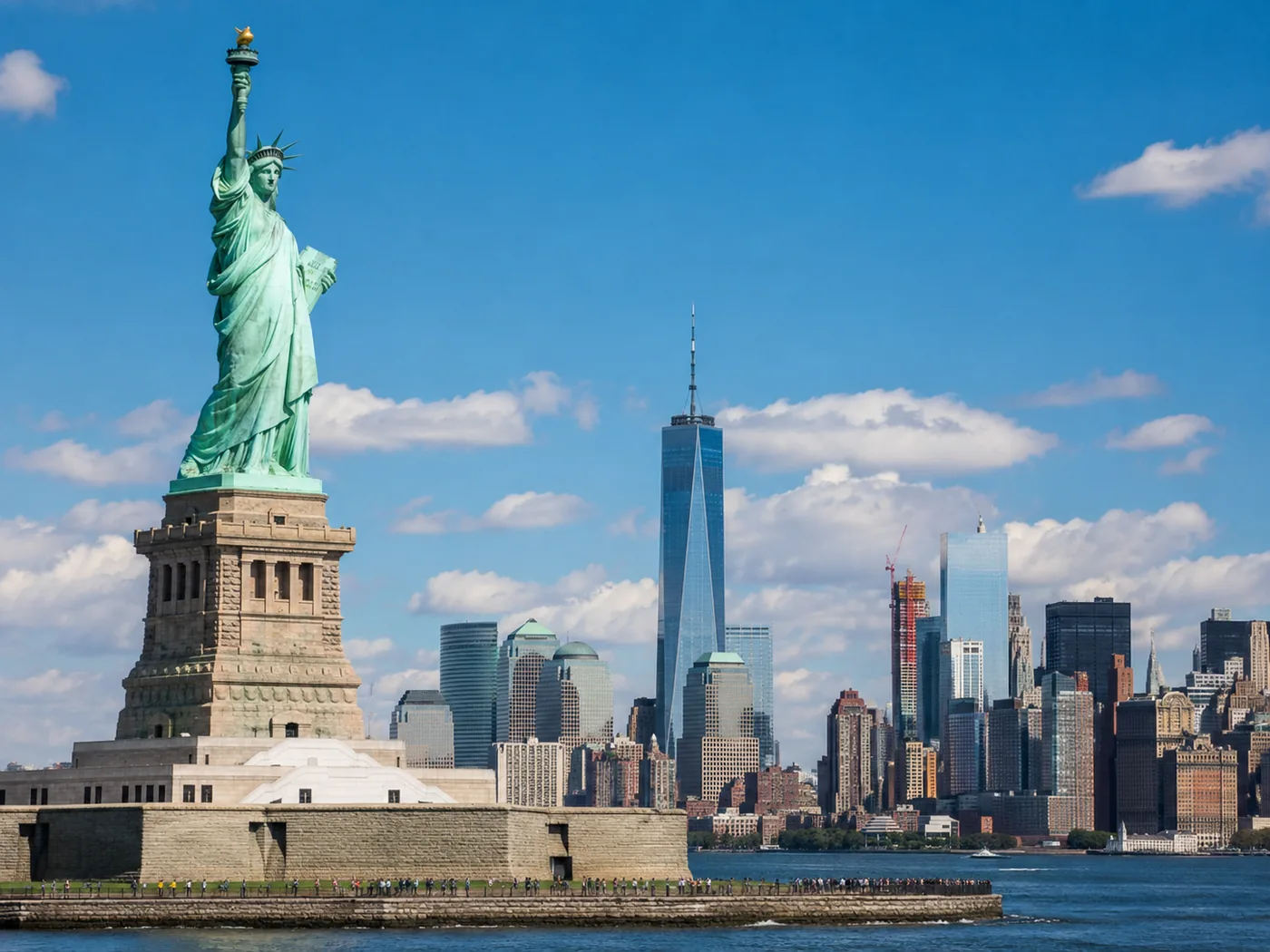 Statue of Liberty and the Lower Manhattan skyline, New York, United States